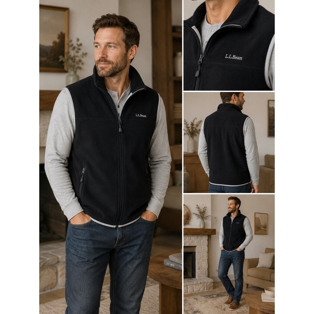 LL Bean Fleece Vest Mens‎ Large Black Excellent Polartec Full Zip Mock Neck Logo